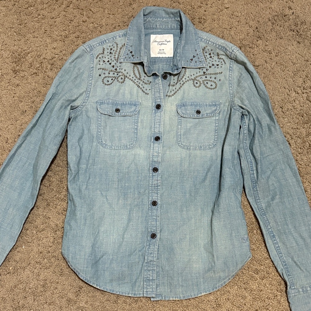 Used American Eagle Blue Embellished Denim Shirt